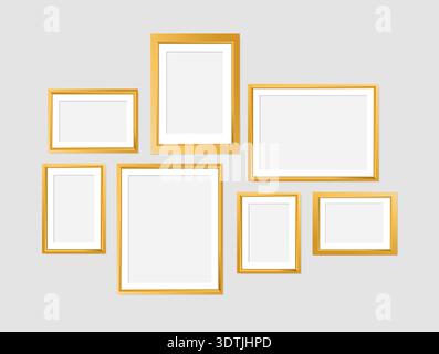 Set of gold modern frame isolated on white background. 3d Photo Frame for Kid, galleries, artwork, photography vector illustration mockup. Stock Vector