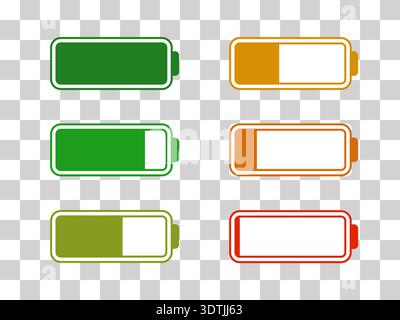 Level battery energy icon set. Powerfully full and power low up status batteries. Energy reusing concept. Alkaline tags. Battery charging point, charg Stock Vector
