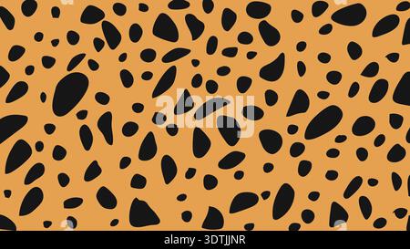 Animal Print Cheetah Dot. Black Irregular Leopard Spot on Orange. Seamless Animal Pattern with Random Shapes. Exotic Wildlife Inspired Graphic. High Stock Vector