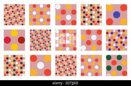 Set of colorful Christmas polka dot patterns with seamless circle designs. Round shapes in a festive Memphis style, ideal for seasonal backgrounds and Stock Vector