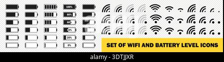 Set of status mobile bar icon. Wifi signal level. Battery charge sign, mobile network and wireless antenna status internet indicator. Vector Stock Vector
