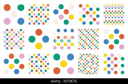 Geometric vector collection in retro style with colorful circles and round spots. Set of seamless polka dot patterns on white background. High quality Stock Vector