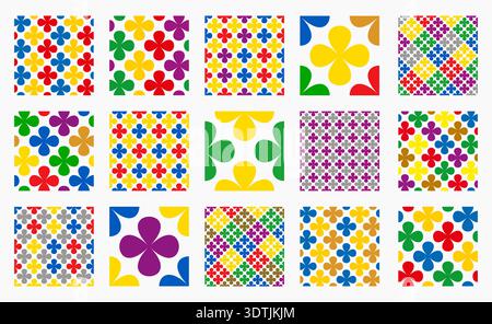 Set of seamless vector patterns featuring clover like flower shapes in a colorful checkered design. Geometric arrangement with modern aesthetic Stock Vector