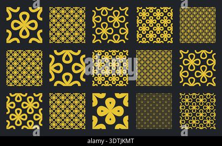 Seamless vector pattern set showcasing clover like flower shapes in linear and outline styles against a black background. Perfect for stylish floral Stock Vector