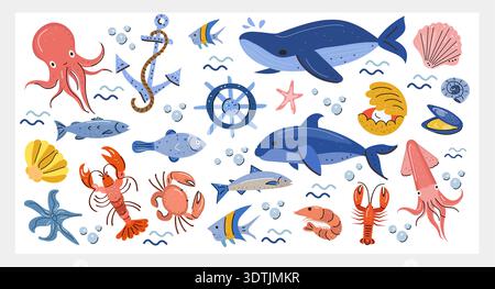 Cute ocean animals and nautical elements clipart set: whales, dolphin, octopus, squid, fish, crab, lobster, shrimp, shells, anchor, ship wheel Stock Vector