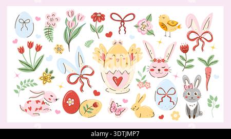 Hand-drawn Easter clipart set with bunnies, chick in cracked egg, decorated eggs, ribbons, flowers, hearts and spring foliage on a soft pink frame Stock Vector