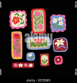 Playful floral elements with colorful retro flowers decorative tiles design Stock Vector