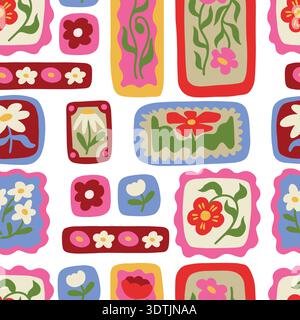 Playful floral seamless pattern with colorful retro flowers decorative tiles design Stock Vector