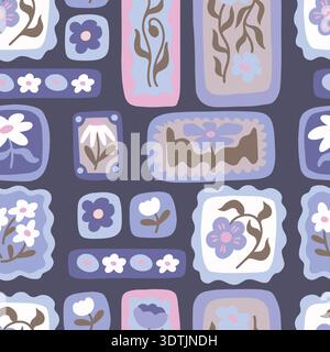 Playful floral seamless pattern with colorful retro flowers decorative tiles design Stock Vector