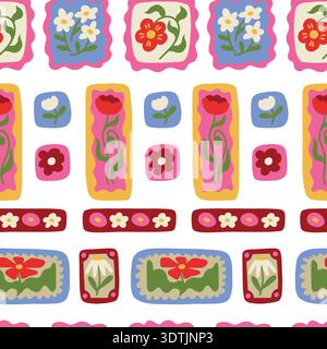 Playful floral seamless pattern with colorful retro flowers decorative tiles design Stock Vector