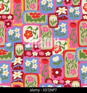 Playful floral seamless pattern with colorful retro flowers decorative tiles design Stock Vector