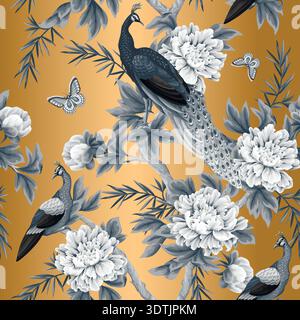 Chinoiserie peacock seamless pattern with red flowers oriental vintage wallpaper design Stock Vector