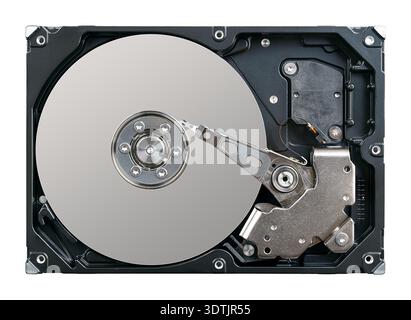 Internal structure of a hard disk drive, HDD, after lifting its lid. Main components are platters that store data, spindle motor, and actuator arm. Stock Photo