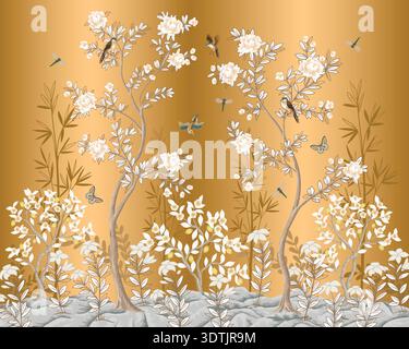 Chinoiserie vector mural with blooming trees birds insects on elegant golden oriental background Stock Vector