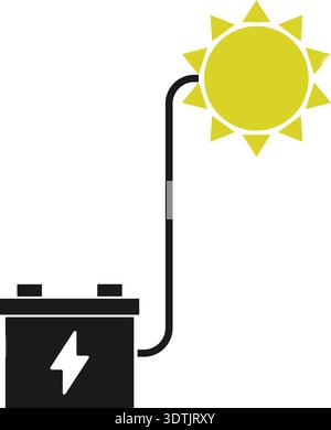 Battery being charged via wire linked to a sun icon symbolizing solar energy transmission. Stock Vector
