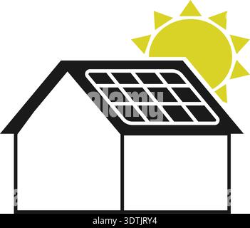 House with rooftop solar panel receiving sunlight in a compact representation of domestic solar energy collection. Stock Vector