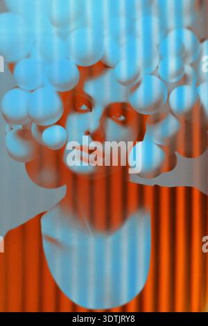 Woman with spheres on head looking up through vertical blue and orange stripes. Noise, grain and motion blur effect applied Stock Photo