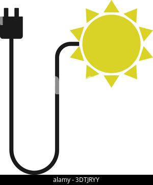 Cable with plug connected directly to a stylized sun representing solar-powered electrical connection. Stock Vector