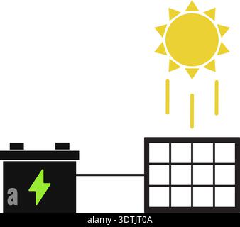 Power circuit illustrated with a sun radiating light to a solar panel that transmits energy to a battery in a schematic diagram. Stock Vector