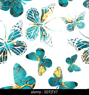 A set of beautiful blue and gold butterflies Seamless pattern on a white background. Hand drawn. Not AI, vector illustration. Stock Vector