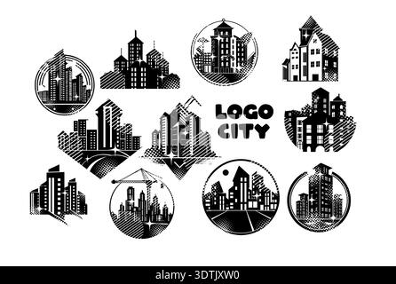 Set of city logos. Hand drawn Not AI, vector illustration. Stock Vector