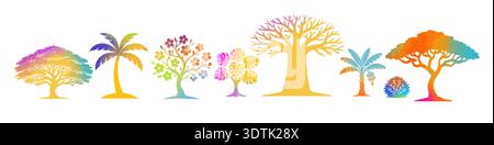 colored fruit tree cartoon set. A set of different trees. Hand drawn. Not AI, vector illustration. Stock Vector