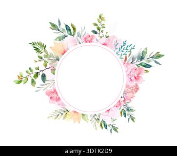 Beautiful round frame with watercolor flowers. Floral card. Hand drawn. Not AI, vector illustration Stock Vector
