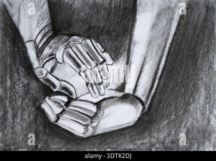 Futuristic mechanical robotic arms pencil illustration. Stock Photo