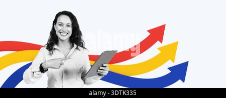Woman Smiling and Holding Tablet While Showing Direction With Hands in a Collage Stock Photo