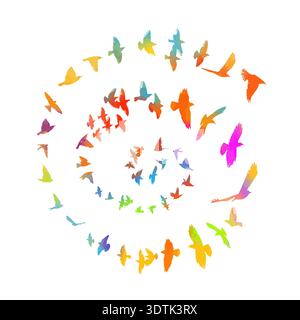 Colored birds flying in a circle in a spiral . Hand drawn. Not AI, vector illustration. Stock Vector