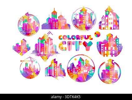 Set of colored city logos. Hand drawn Not AI, vector illustration. Stock Vector