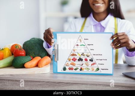 Nutrition Guide Presentation With Food Pyramid and Healthy Foods in a Kitchen Setting Stock Photo