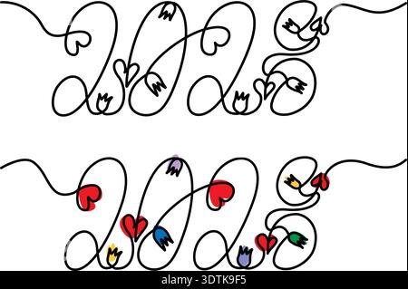 2028 Hand Drawn Lettering with decorative flowers and hearts One Continuous line and spots Options. Isolated Vector illustration New Year Greeting Thematic Cards Party Invite, leaflet, banner, labels Stock Vector