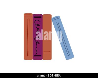 Several books standing vertically. Colorful books on shelf. Doodle style vector illustration for children bookstores. Stock Vector