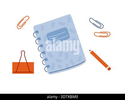 Stationery supplies for study and office work. Spiral notebook, paperclips, pencil. Vector illustration for supply brands. Stock Vector