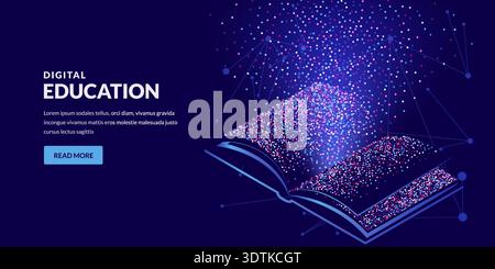 Isometric 3d vector open book made of dots. Abstract modern glowing illustration. Concept design for knowledge, education and digital technology Stock Vector