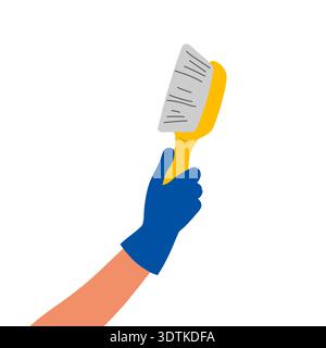 Hand in blue rubber glove holds yellow brush. Concept of professional cleaning, health protection. Vector flat illustration. Stock Vector