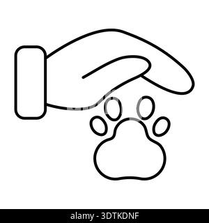 Protection of homeless and shelter animals. Sign of hand covering pet paw print. Vector linear illustration, helping shelters. Stock Vector
