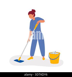 House cleaning. Young woman in casual clothes with bucket full of foam water and mop cleaning house. Flat vector illustration. Stock Vector