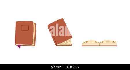 Large brown book in thick binding from different angles. Doodle vector illustration. library decor, reading journal, literary blog Stock Vector