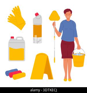 Cleaning of public buildings and offices. Smiling cleaning lady with cleaning supplies. Bottles, mop, bucket, caution sign. Stock Vector