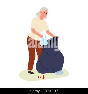 Gray-haired elderly woman collecting plastic trash in large black bag in park or on street. Concept of city volunteer work. Stock Vector