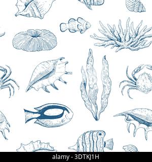 Elegant seamless pattern with corals, seaweeds and underwater creatures, seashells and fishes. Hand-drawn vector illustration. Stock Vector