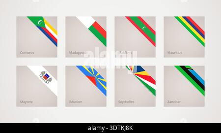Corner slanted ribbon flags of Comoros, Madagascar, Maldives, Mauritius, Mayotte, Reunion, Seychelles and Zanzibar Stock Vector