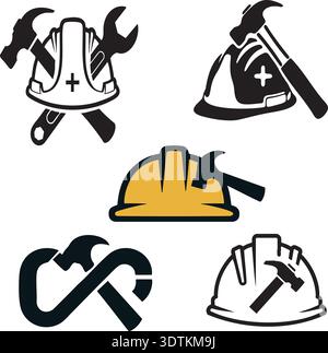 Collection of construction and repair tool icons, including a helmet and a hammer. Icons depict various construction and repair tools integrated with Stock Vector