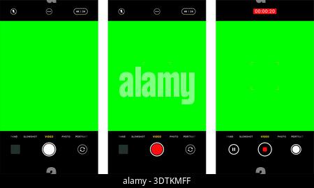 Vector set of portrait smartphone camera UI overlays featuring focus lock and green screen. Ideal for UI mockups, app design, and video/photo template Stock Vector