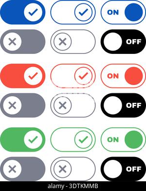 Vector set of assorted color toggle switches in filled and outlined styles with check and cross icons, including ON and OFF versions. Stock Vector