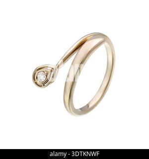 Modern open gold ring with bezel set diamond accent, isolated on white background Stock Photo