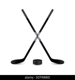 Vector 3d Ice Hockey Sticks Crossed With Puck Isolated. Winter Sport Equipment, Hockey Gear for Training and Match. Realistic Vector Illustration Stock Vector