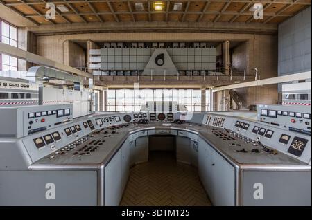Vintage broadcast control room with U‑shaped console in VRT/RTBF-TV station, Wavre, Belgium Stock Photo
